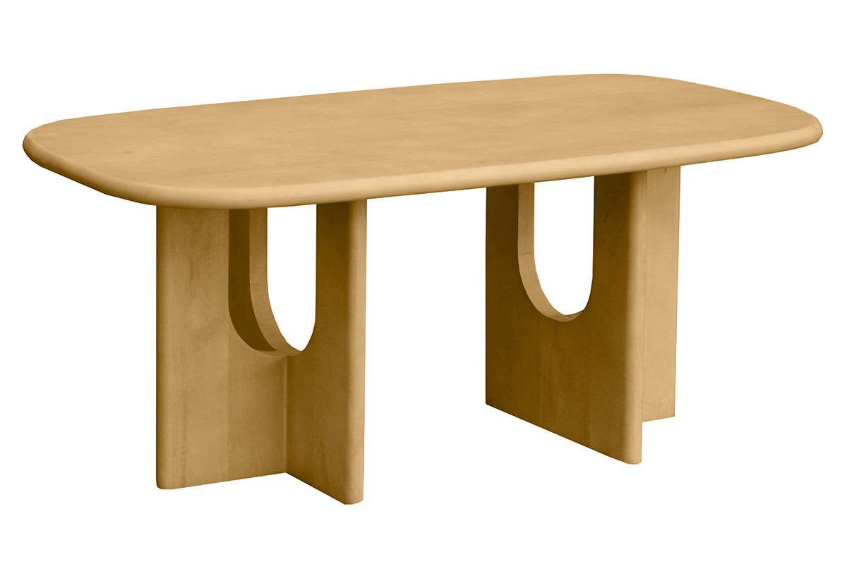 Design-Couchtisch aus massivem Mangoholz, rechteckige Form mit abgerundeten Kanten, 3/4-Ansicht.