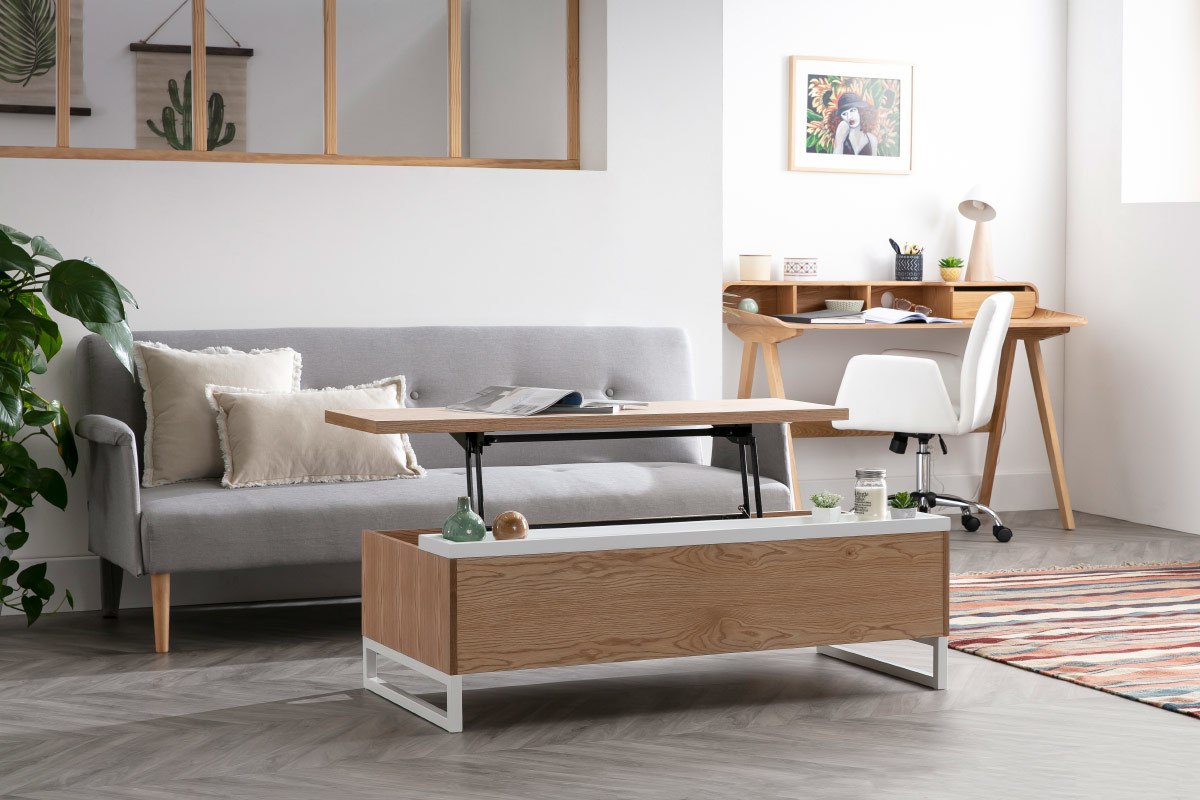Design-Couchtisch h�henverstellbar Holz und Wei� mit Aufbewahrung URBAN