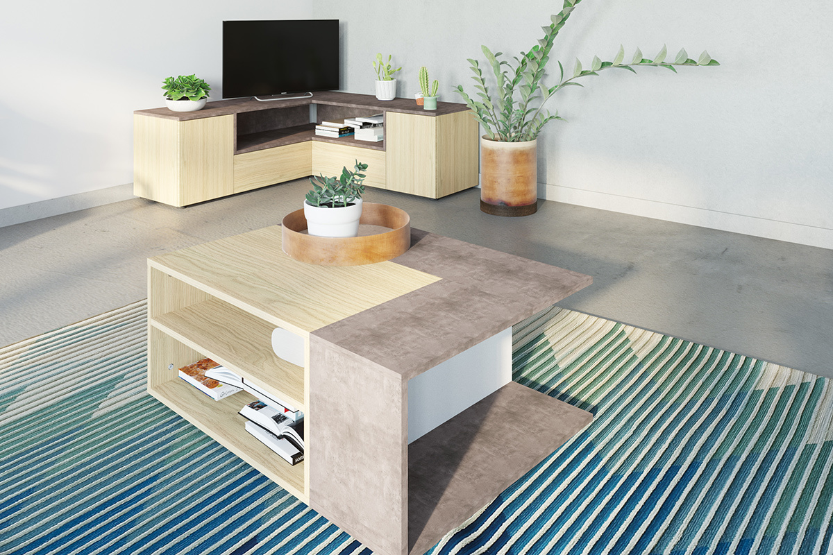 Design-Couchtisch in Holz und Betongrau QUADRA
