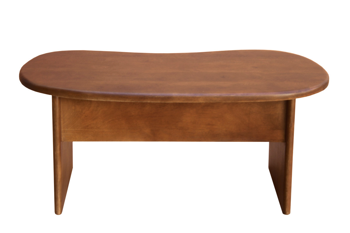 Couchtisch mit hochklappbarer Design-Bohnenform aus massivem Mangoholz, R�ckansicht.
