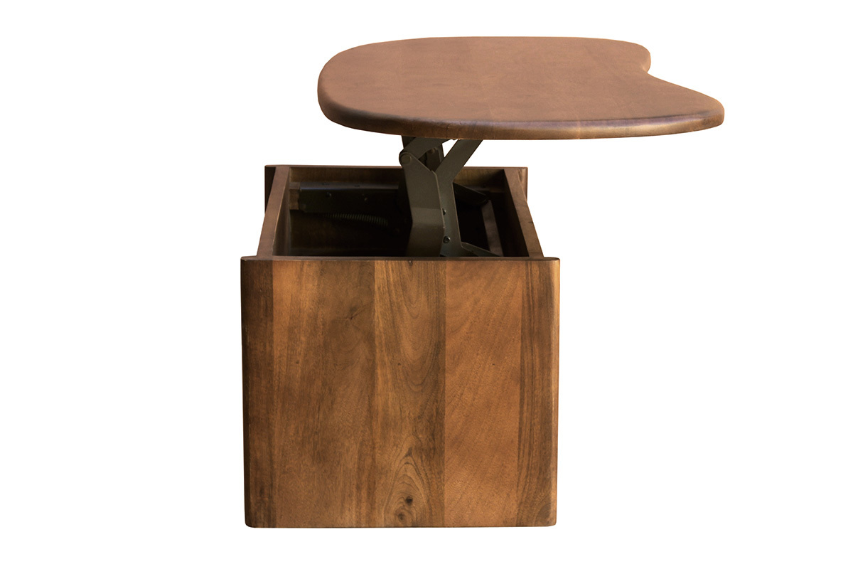 Couchtisch aus Mangoholz mit Stauraum, seitliche Ansicht, Bohnenform, L95 cm.
