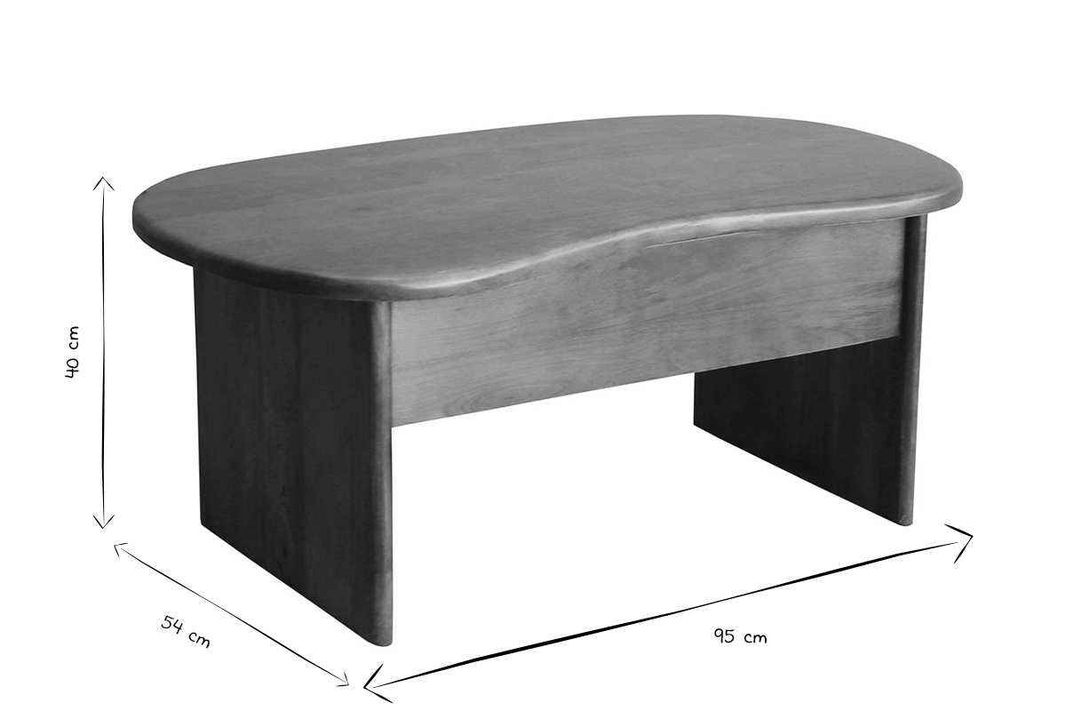 Hochklappbarer Couchtisch in Bohnenform mit den Ma�en L95 x T54 x H40 cm in Schwarz und Wei�