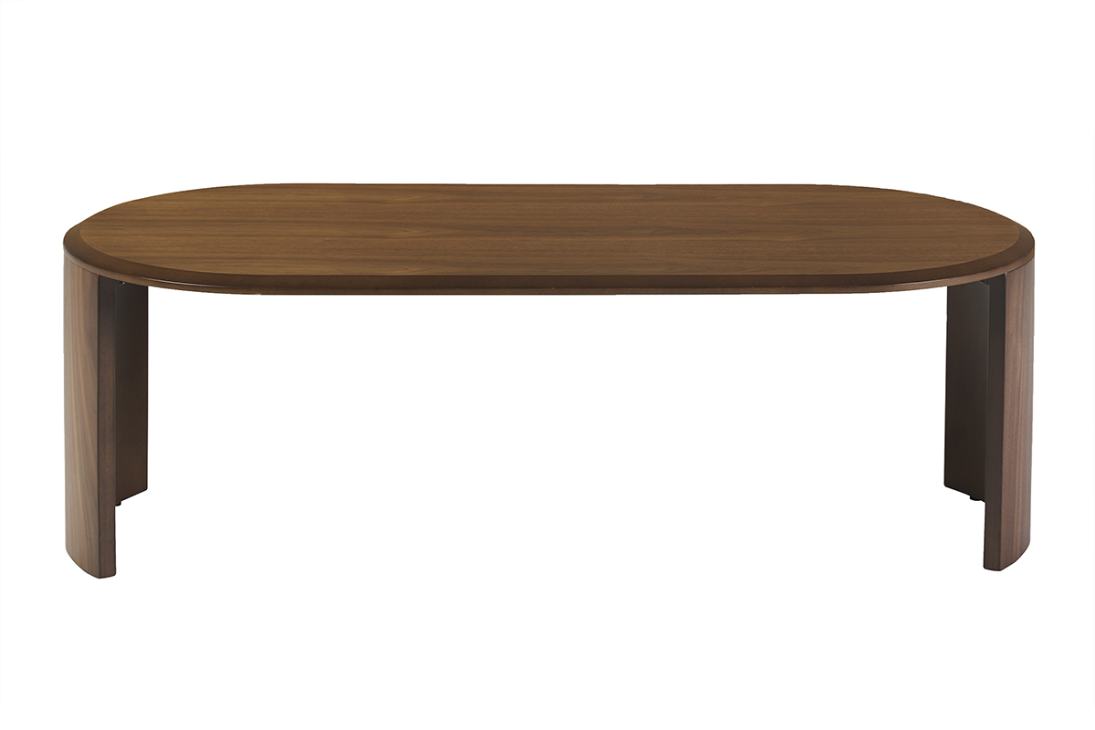 Ovale Couchtisch aus dunklem Walnussholz, Vorderansicht, Ma�e L120 cm.