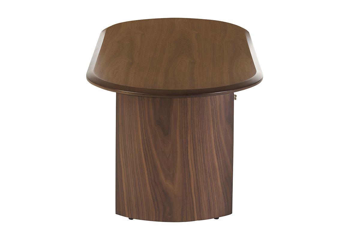 Designer-Couchtisch in ovaler Form aus dunklem Nussbaumholz, Seitenansicht.