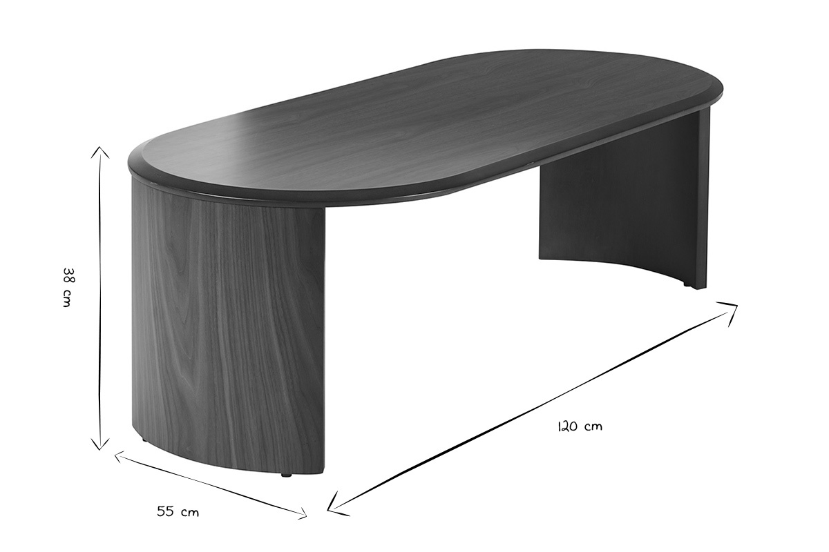 Abmessungen des ovalen Couchtischs aus dunklem Holz, L120 x T55 x H38 cm in Schwarz und Wei�