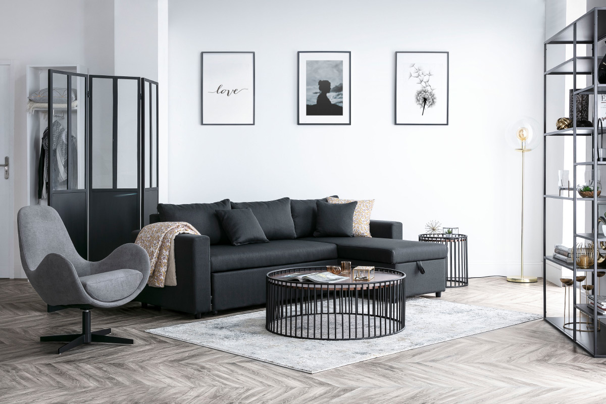 Design-Couchtisch rund dunkles Holz und Metall HARP
