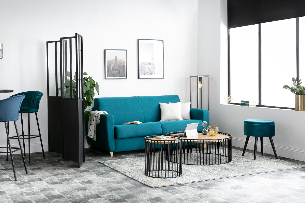 Design-Couchtisch rund helles Holz und Metall HARP