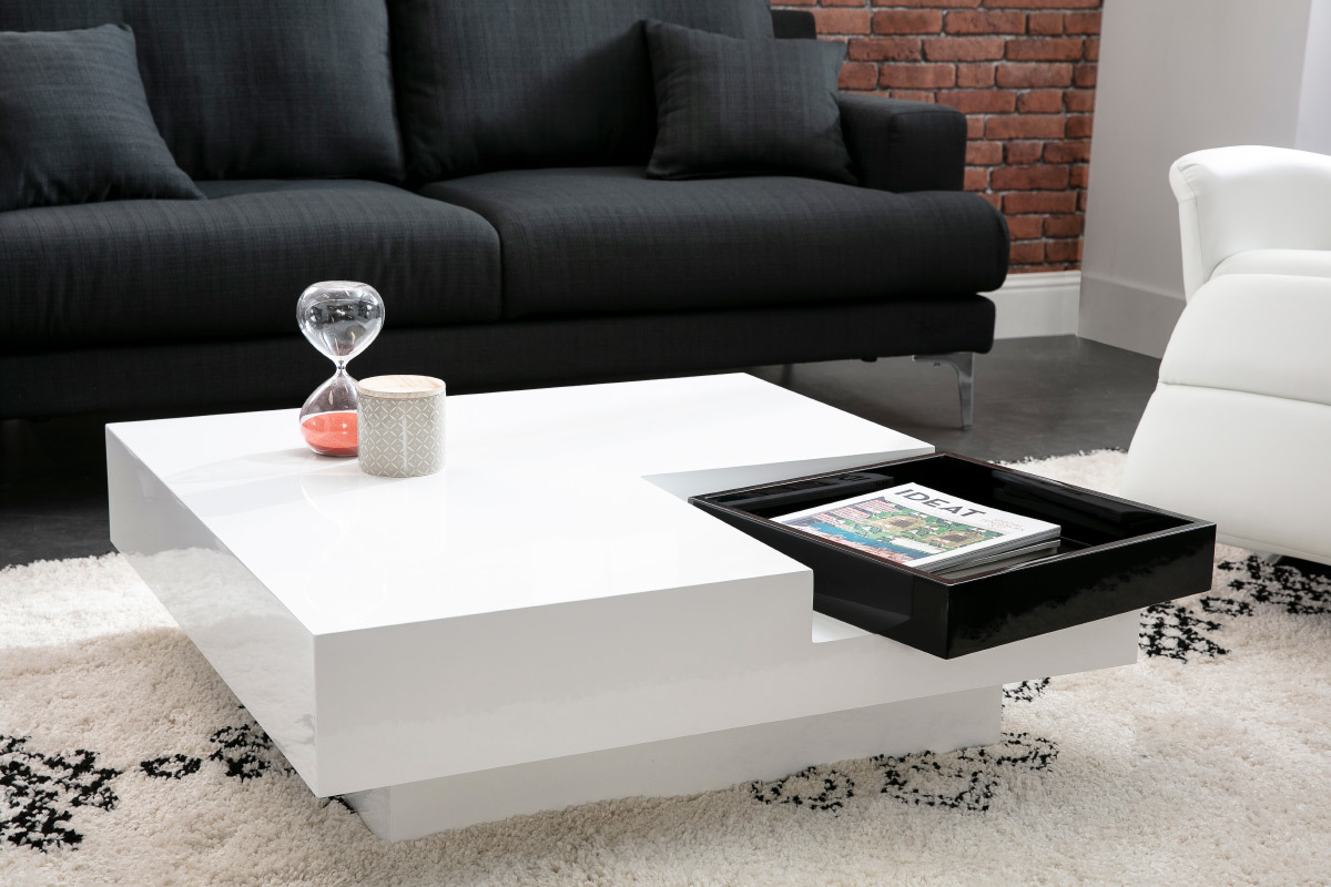 Design-Couchtisch TEENA Wei mit abnehmbaren Tablett Schwarz