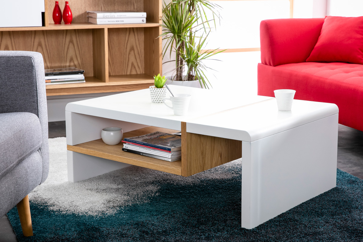 Design-Couchtisch wei� lackiert und Eichenfurnier INSERT