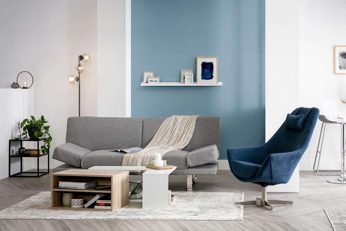 Design-Drehsessel Stoff Blau und Metallgestell AMADEO