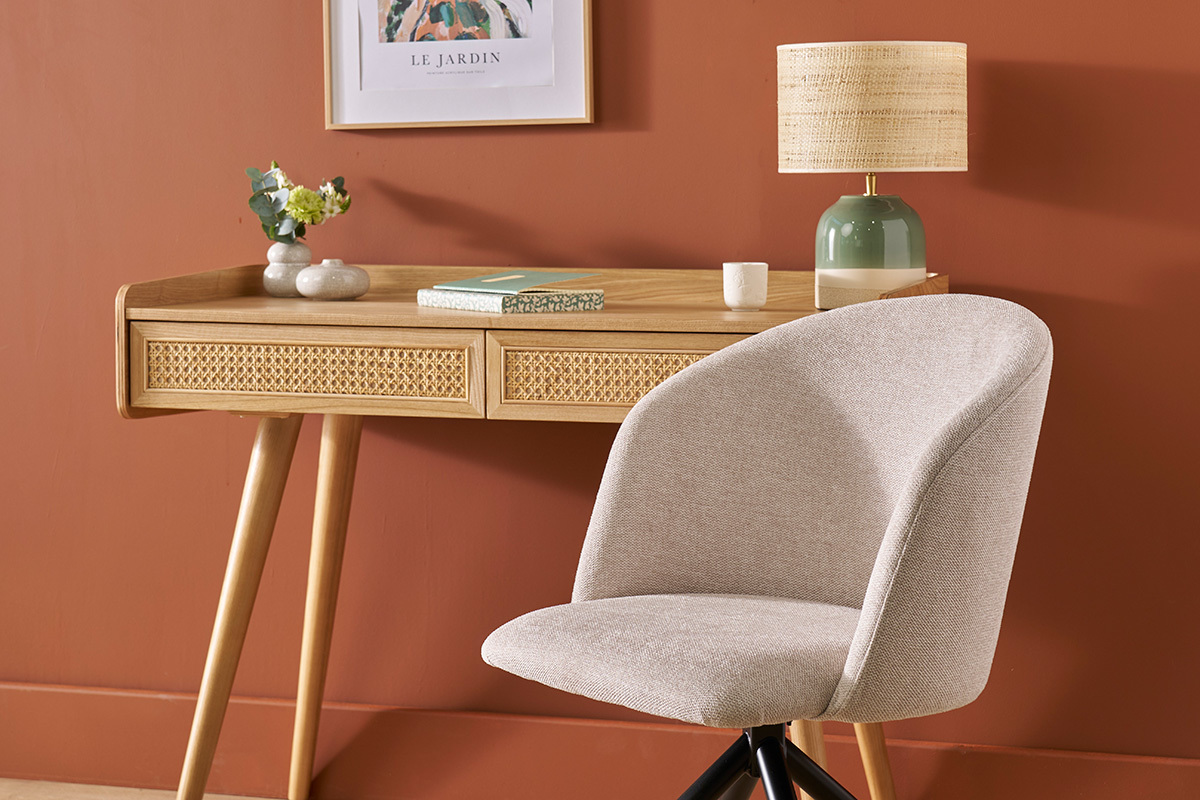 Design-Drehstuhl 360� aus beigem strukturiertem Samteffektstoff und schwarzem Metall VANITY