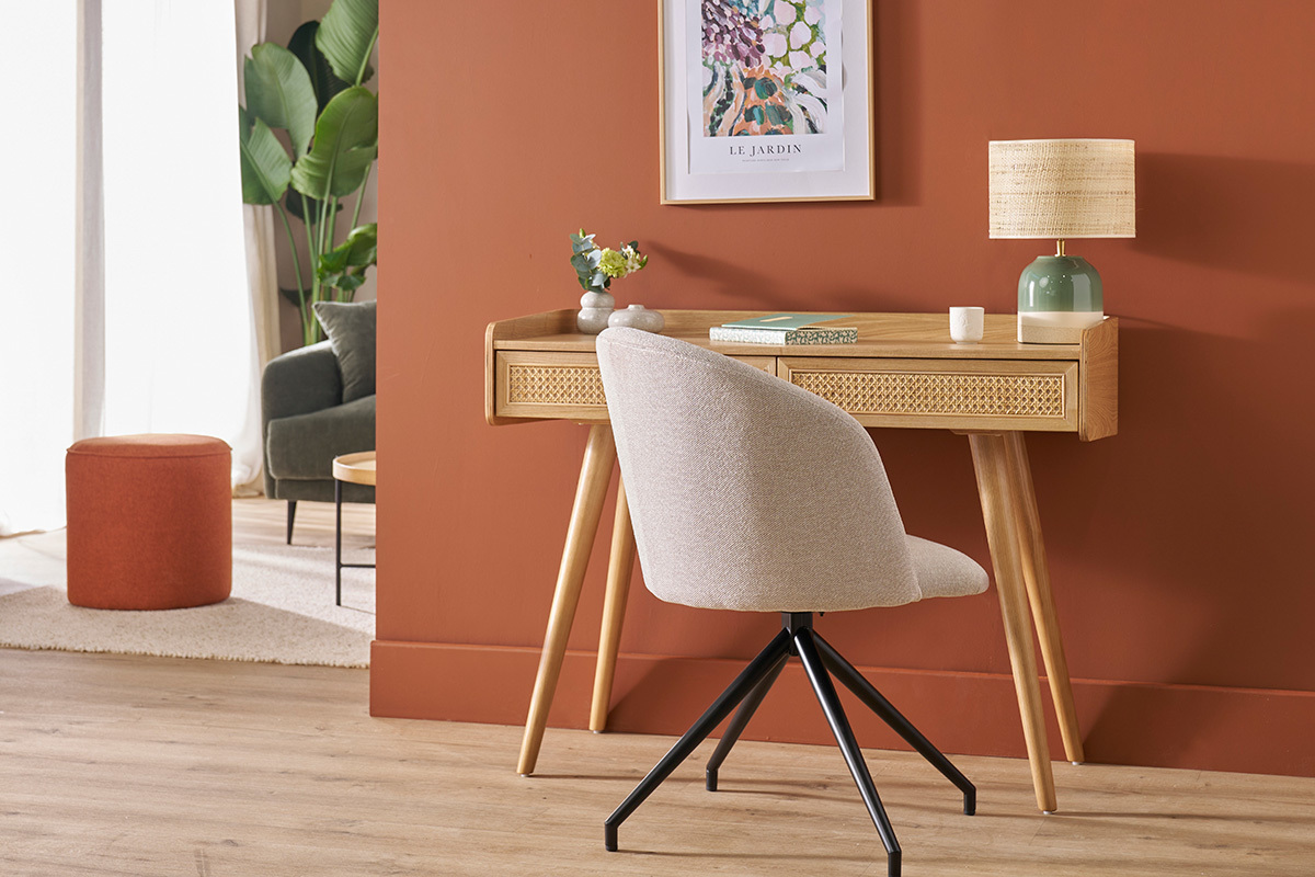 Design-Drehstuhl 360� aus beigem strukturiertem Samteffektstoff und schwarzem Metall VANITY