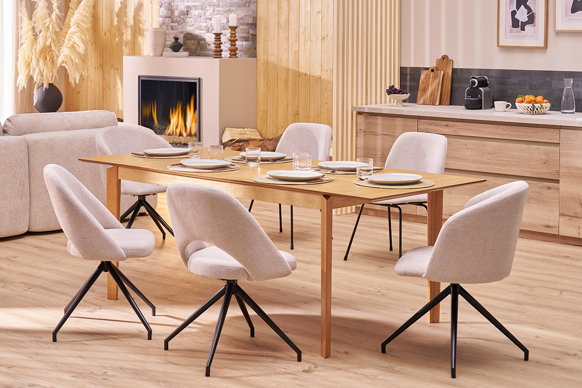 Design-Drehstuhl 360� aus beigem strukturiertem Samteffektstoff und schwarzem Metall VANITY