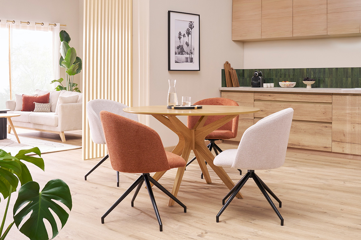 Design-Drehstuhl 360� aus beigem strukturiertem Samteffektstoff und schwarzem Metall VANITY