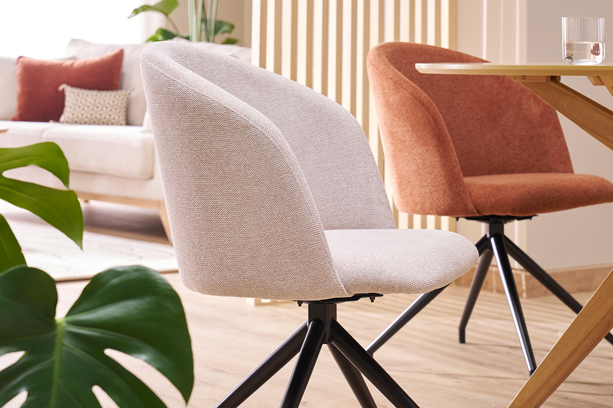 Design-Drehstuhl 360� aus beigem strukturiertem Samteffektstoff und schwarzem Metall VANITY