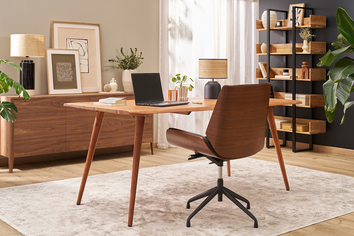 Design-Drehstuhl MARLOW Schwarz, dunkles Holz und schwarzes Metall 360 drehbar