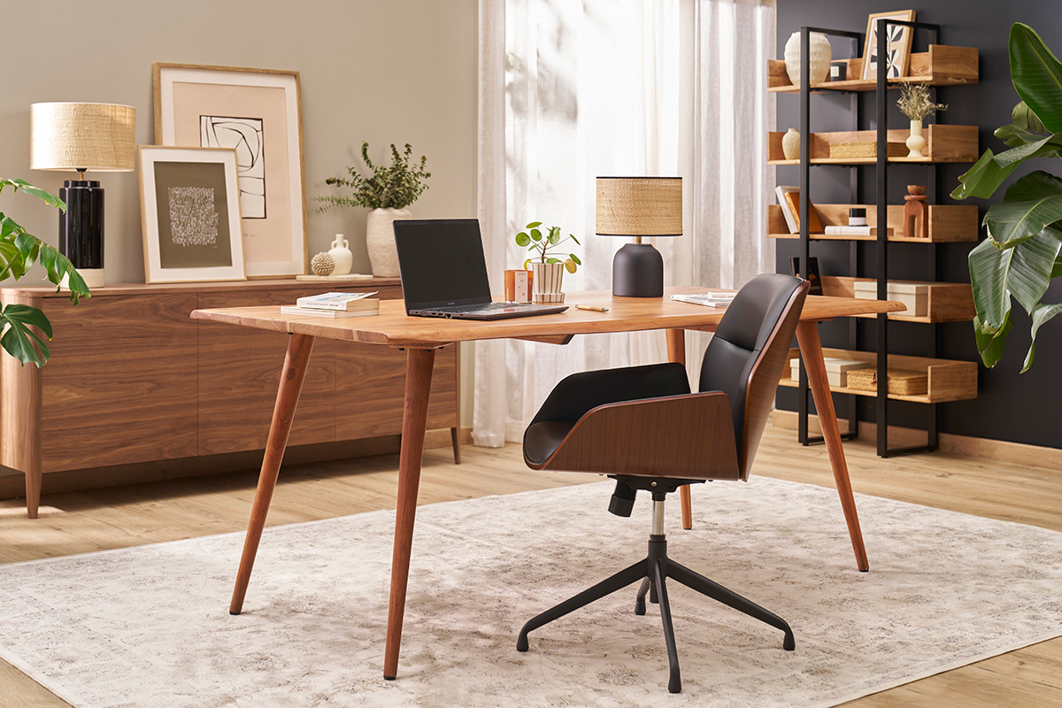 Design-Drehstuhl MARLOW Schwarz, dunkles Holz und schwarzes Metall 360� drehbar