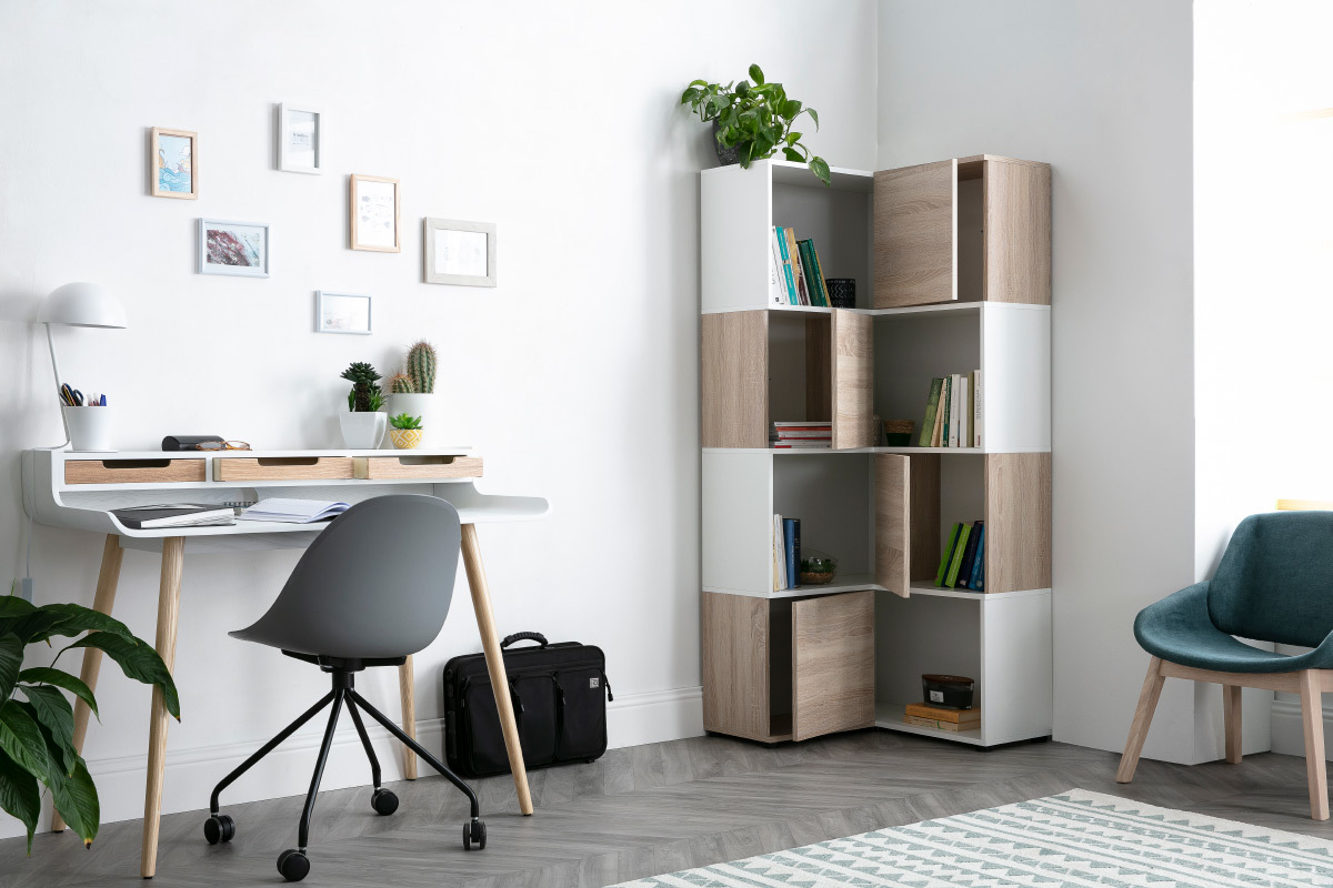 Design-Eck-Bcherregal QUADRA Holz und Wei mit 8 Fchern