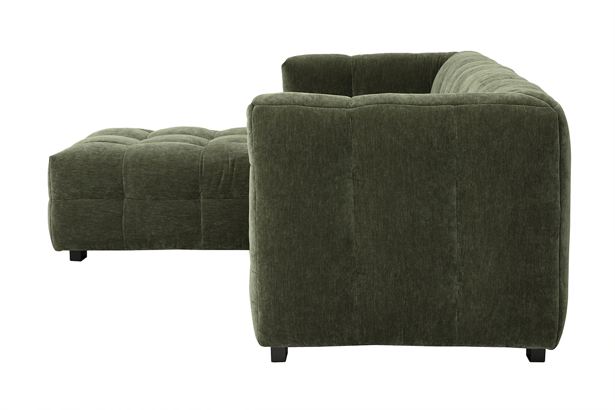 Ecksofa links aus grnem Samtstoff, Seitenansicht.