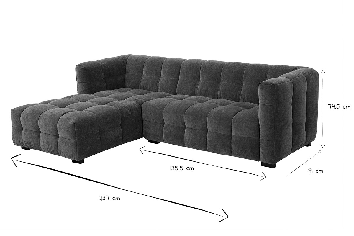 Ecksofa links 3-Sitzer, schwarz-weie Mae L237 x T91-173 x H74,5 cm.