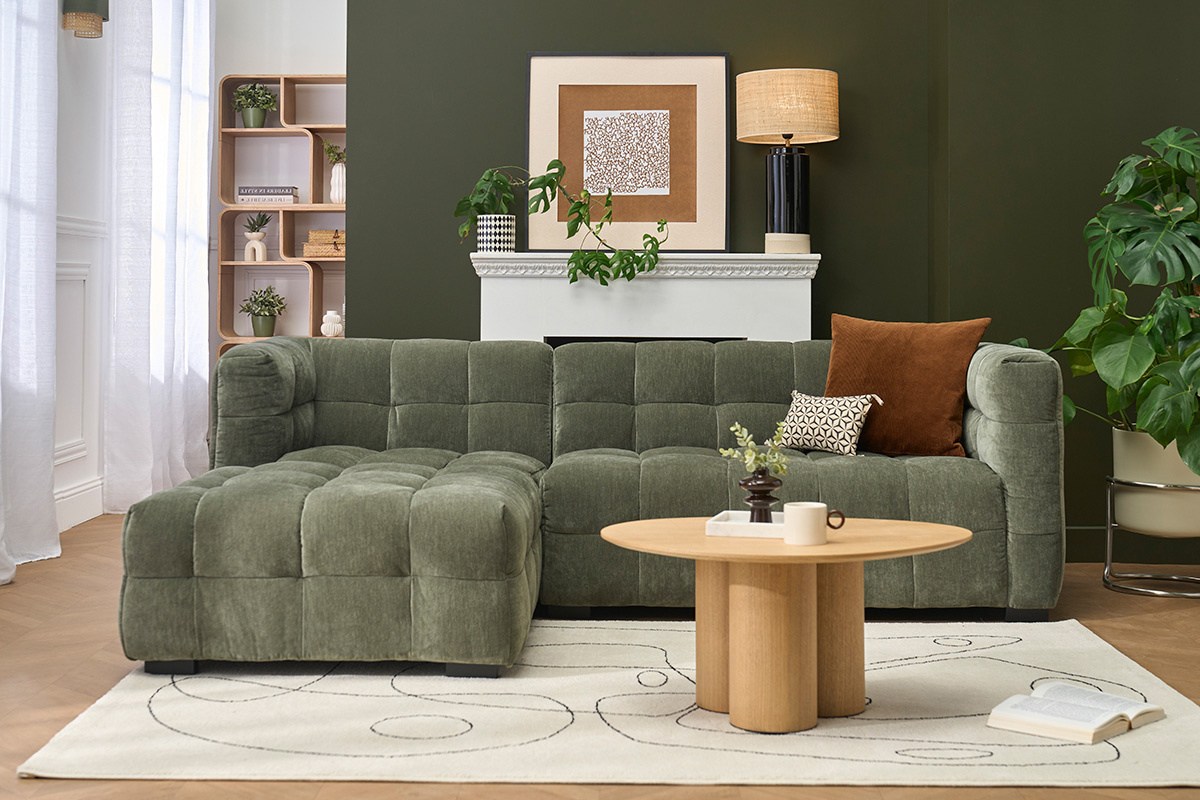 Design Ecksofa 3-Sitzer aus Samteffekt-Stoff in Khaki-Gr�n CORTO