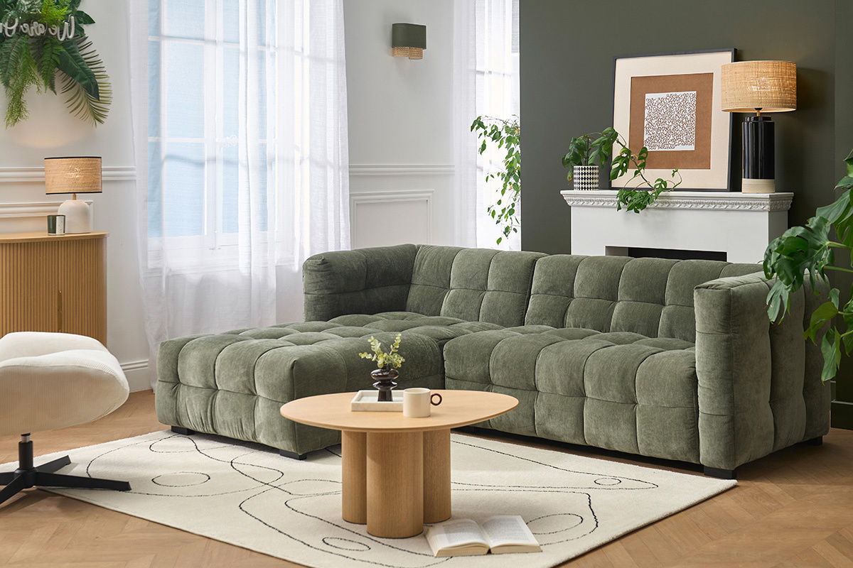 Design Ecksofa 3-Sitzer aus Samteffekt-Stoff in Khaki-Gr�n CORTO