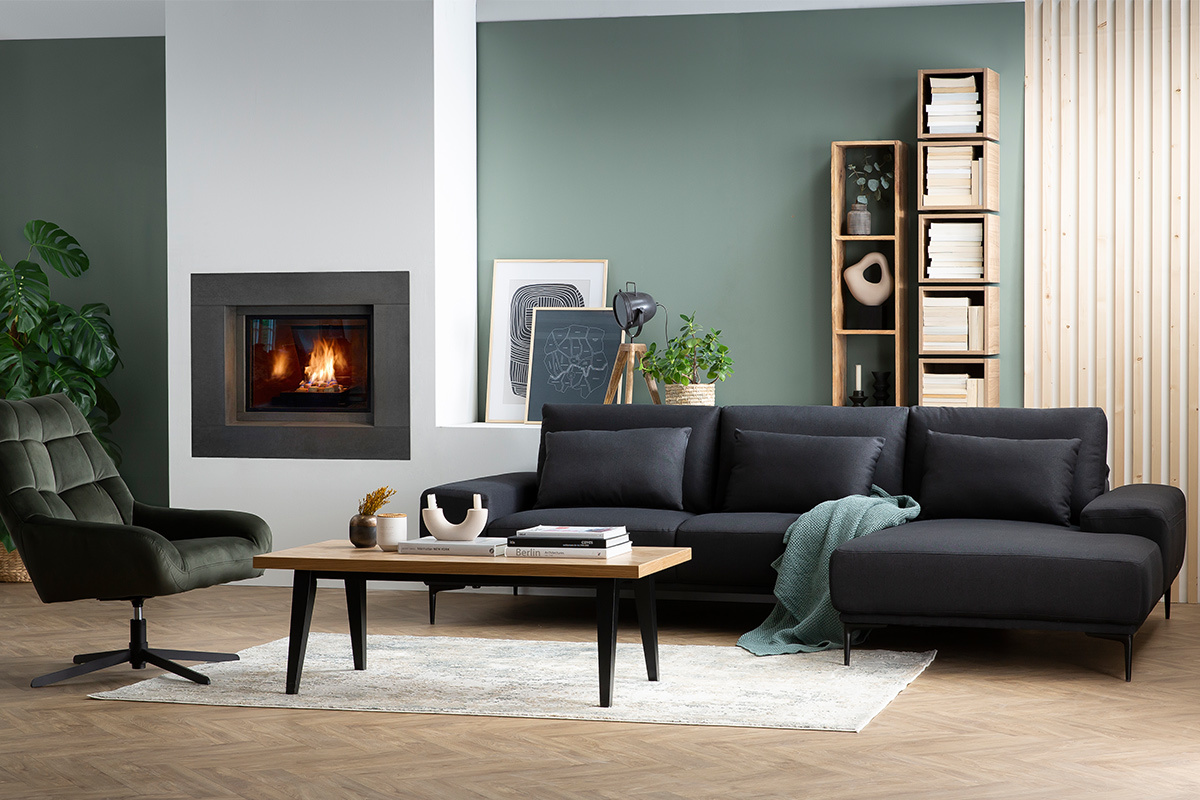 Design-Ecksofa aus dunkelgrauem Stoff mit verstellbarer Rckenlehne KONRAD