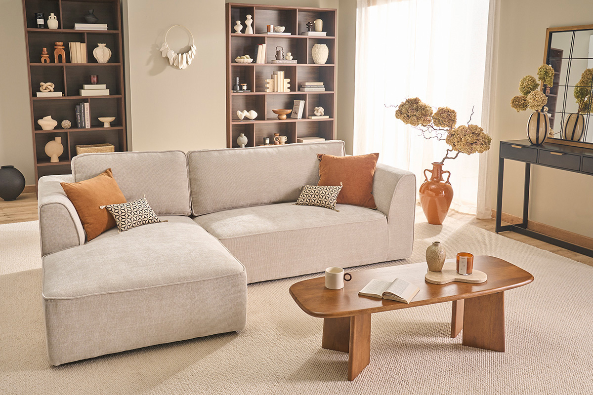 Design Ecksofa links in beige strukturiertem Samt-Effekt Stoff 3-Sitzer GRAMMY