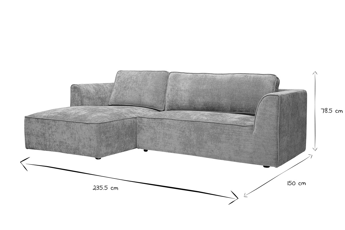 Graues Ecksofa links 3-Sitzer mit den Ma�en 235,5x150x78,5 cm, Frontansicht, in Schwarz-Wei�.
