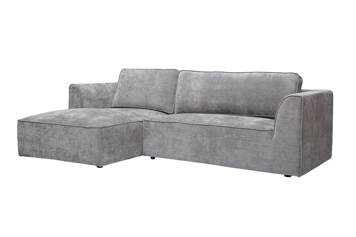 Graue Eckcouch mit Stoffbezug in Samtoptik, Ansicht von schr�g vorne.