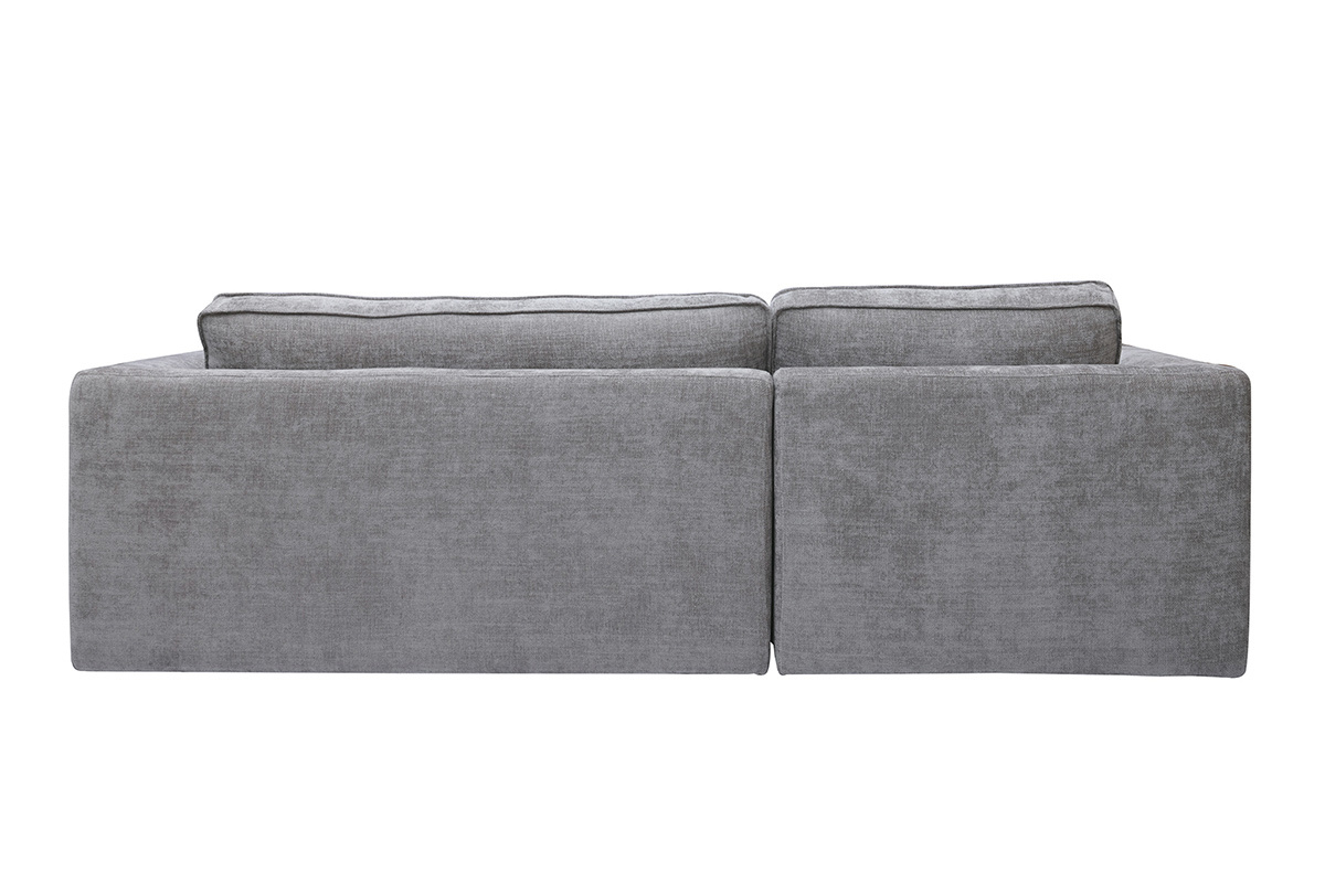 Hintere Ansicht des linken Ecksofas aus grauem Stoff mit strukturiertem Samteffekt.