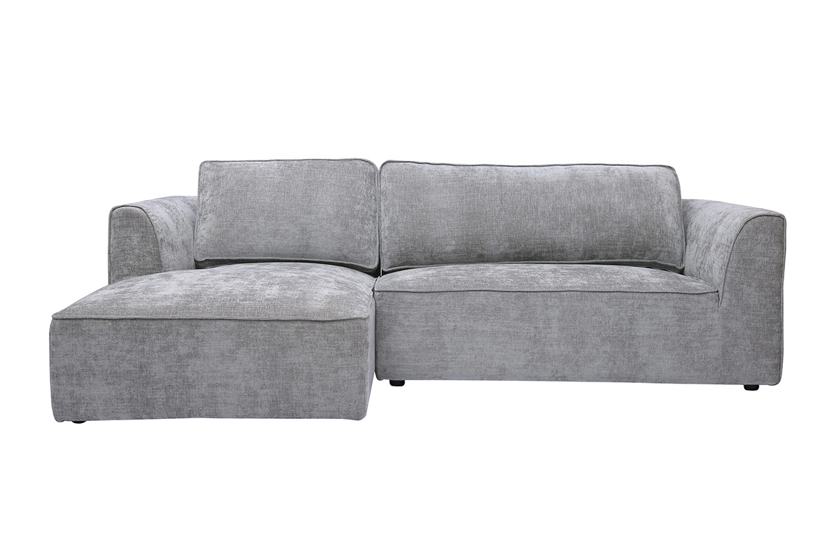 Ecksofa links 3-Sitzer, grauer Stoff mit strukturiertem Samteffekt, Vorderansicht.