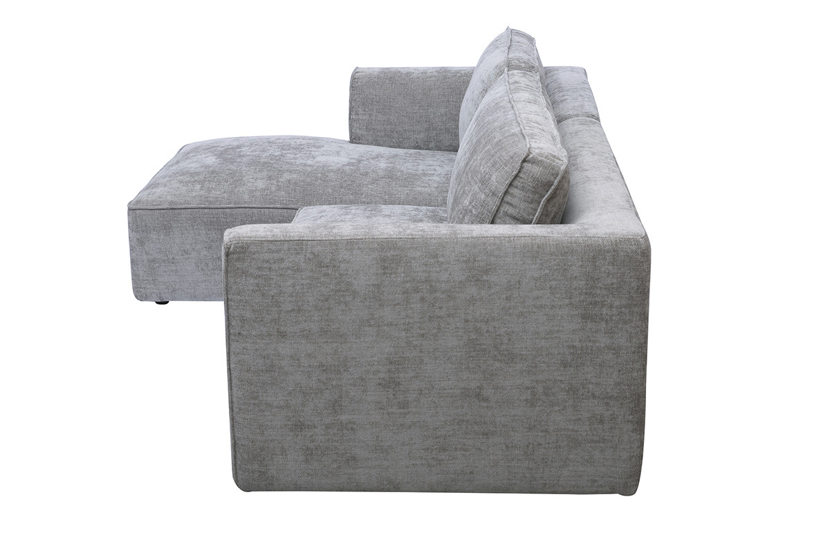 Ecksofa links 3-Sitzer in grauem Stoff mit Samteffekt, Seitenansicht.