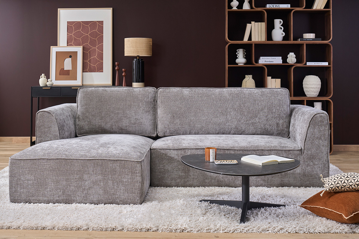 Design Ecksofa links in grauem Samt-Textur-Effekt Stoff 3-Sitzer GRAMMY