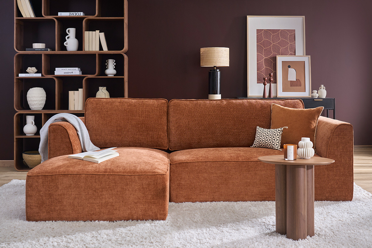 Design-Ecksofa links in texturiertem Samt-Effekt Stoff gebrannte Erde 3-Sitzer GRAMMY