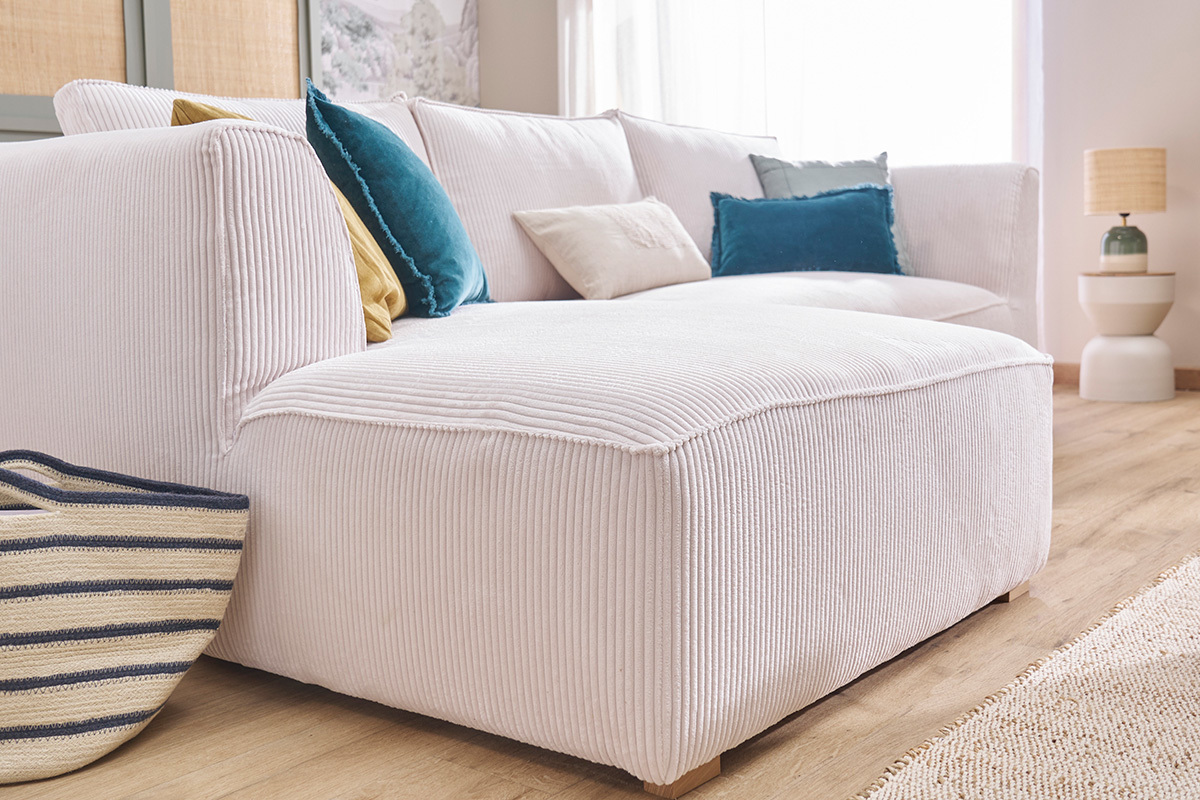 Design-Ecksofa linksseitig aus crufarbenem Cordstoff mit Samteffekt 3-4 Sitzer PANAM
