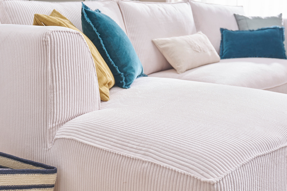 Design-Ecksofa linksseitig aus crufarbenem Cordstoff mit Samteffekt 3-4 Sitzer PANAM