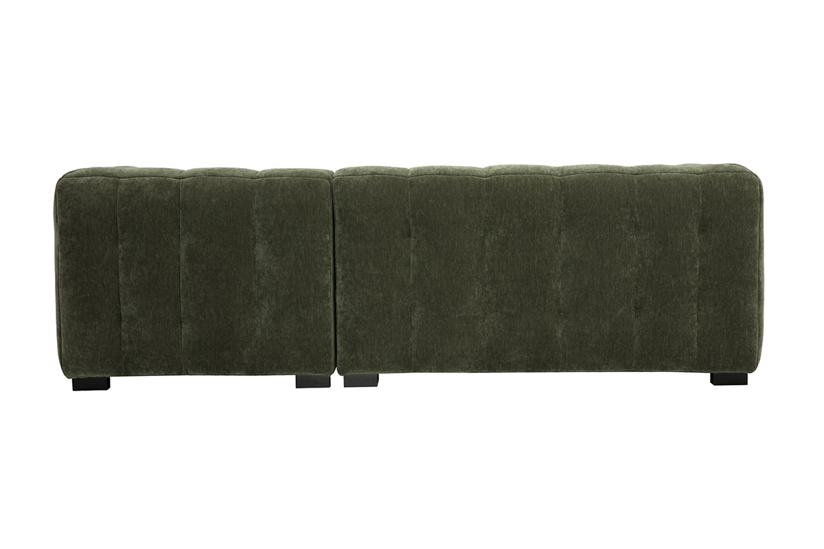 Rckansicht eines 3-Sitzer-Ecksofas in grnem Samtstoff.