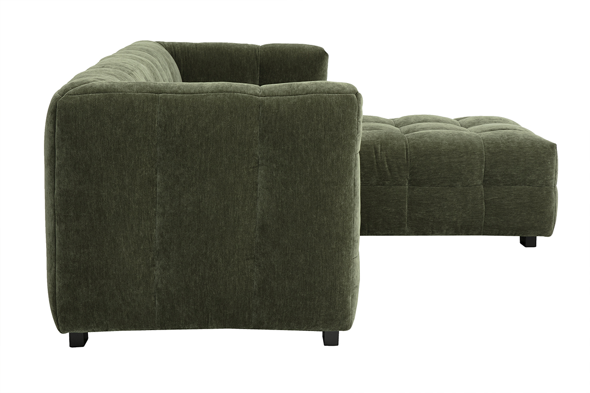 Dreisitziges Ecksofa aus grnem Samtstoff, Seitenansicht.