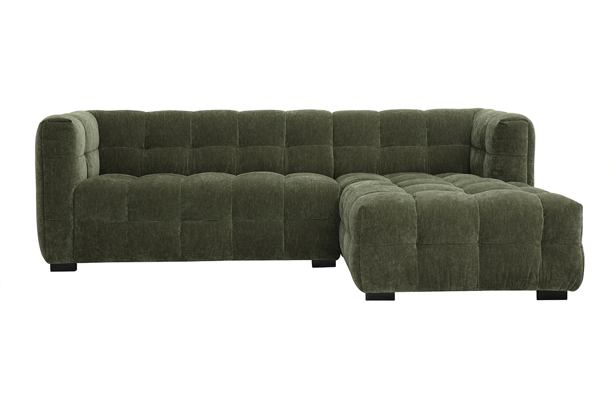 Dreisitziges Ecksofa aus khakigrnem Stoff, Samteffekt, Frontalansicht des Winkels.