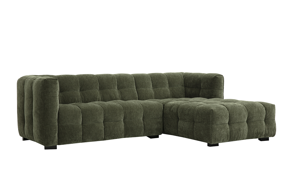 Dreisitziges Ecksofa, Stoff in Kaki-Velours-Optik, Ansicht von 3/4.