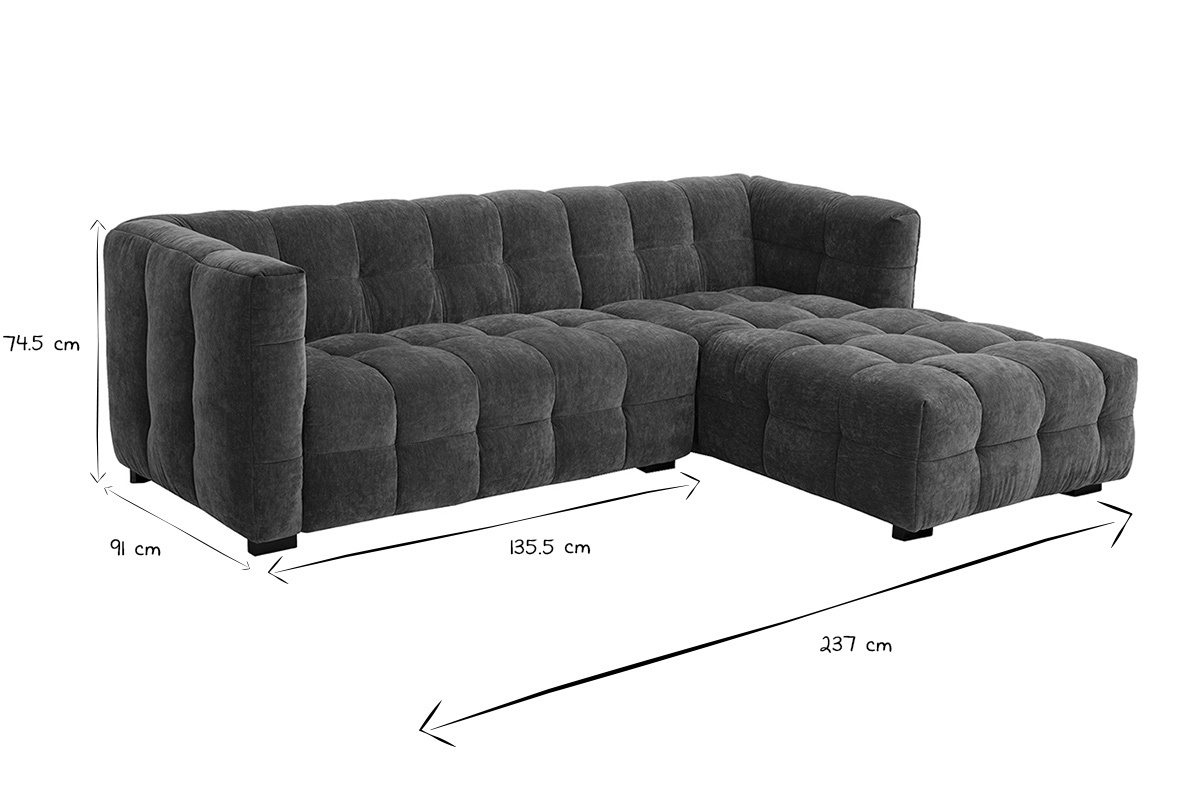 Rechtsseitiges 3-Sitzer Ecksofa in Khakigrnem Samteffekt CORTO, Seitenansicht, Mae angegeben.