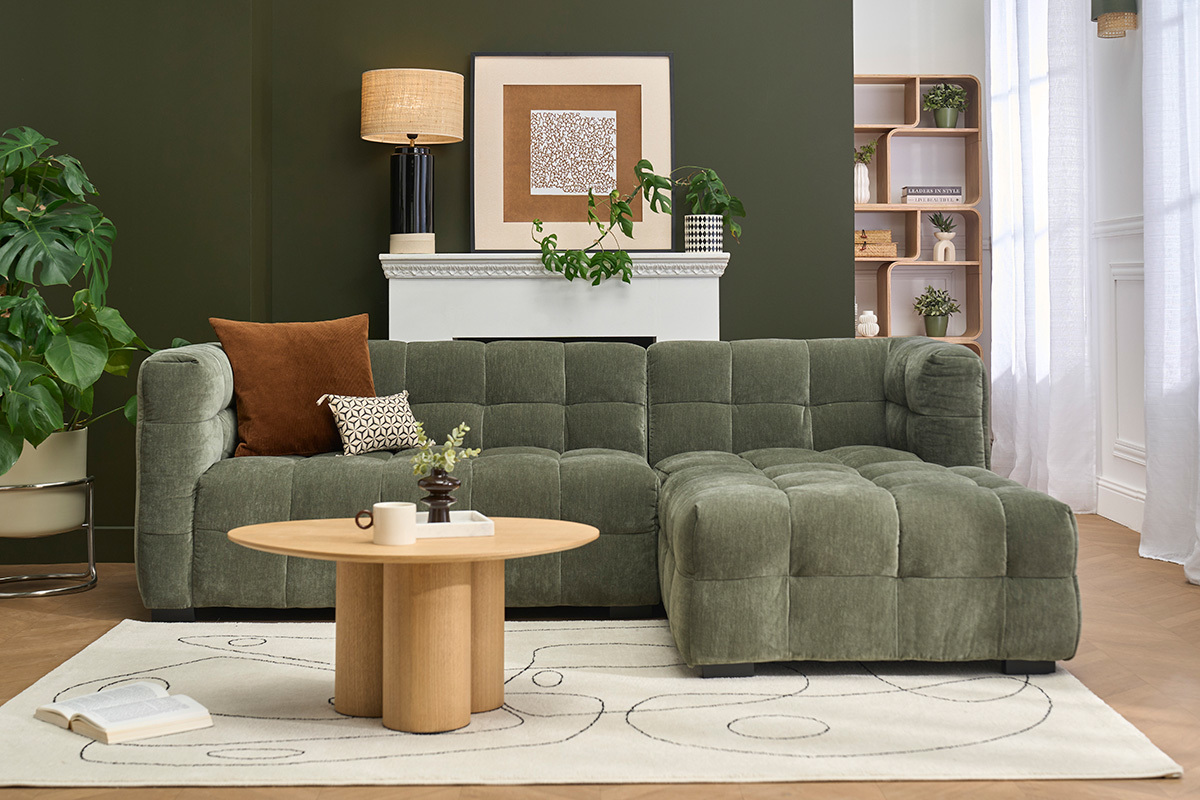 Design-Ecksofa rechts 3-Sitzer aus Samt-Effekt Stoff in Khakigr�n CORTO