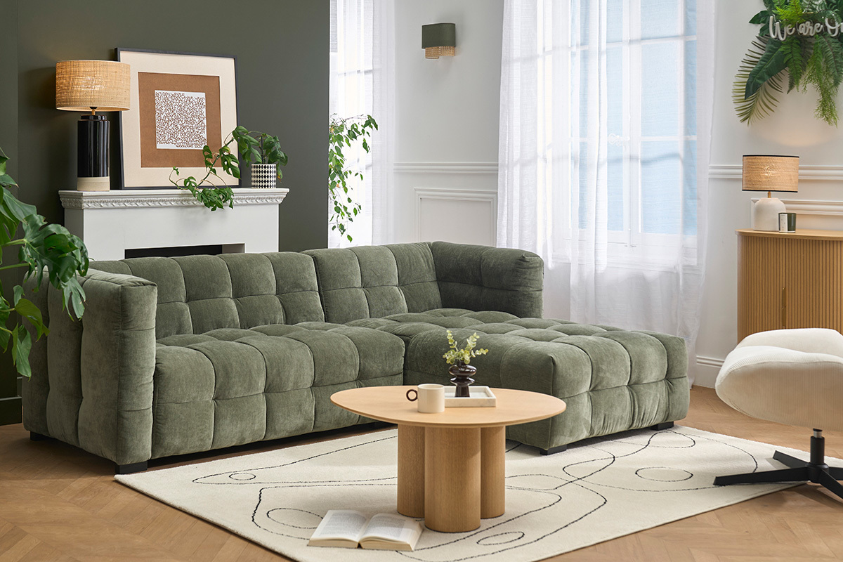 Design-Ecksofa rechts 3-Sitzer aus Samt-Effekt Stoff in Khakigr�n CORTO