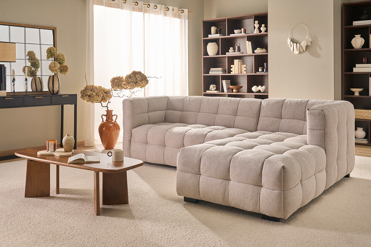 Design Ecksofa rechts 3-Sitzer in texturiertem Samt-Effekt Stoff beige CORTO