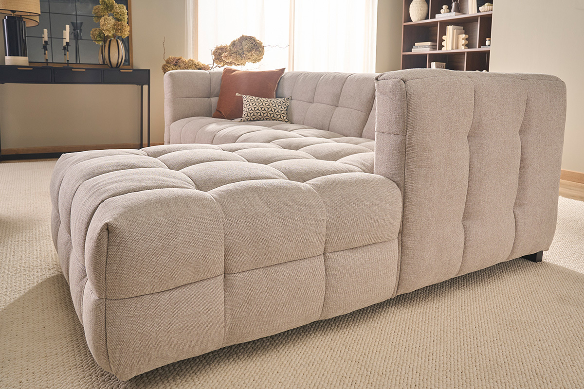 Design Ecksofa rechts 3-Sitzer in texturiertem Samt-Effekt Stoff beige CORTO