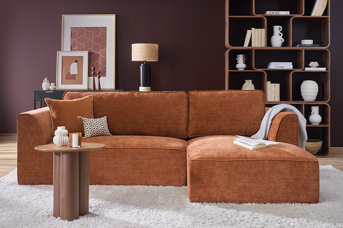 Design-Ecksofa rechts in gebrannter Erde Textur Samteffekt Stoff 3-Sitzer GRAMMY