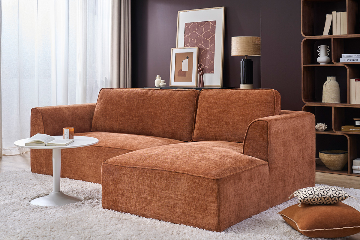 Design-Ecksofa rechts in gebrannter Erde Textur Samteffekt Stoff 3-Sitzer GRAMMY