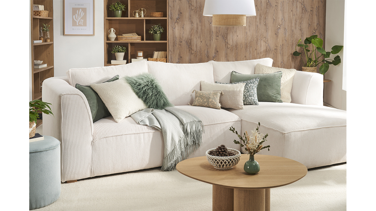 Design-Ecksofa rechtseitig aus geripptem, crufarbenem Samtstoff 3-4 Sitzer PANAM