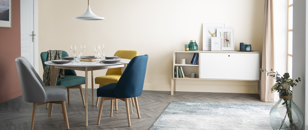 Design-Esstisch rund ausziehbar Weiß und Holz L120-150 ...